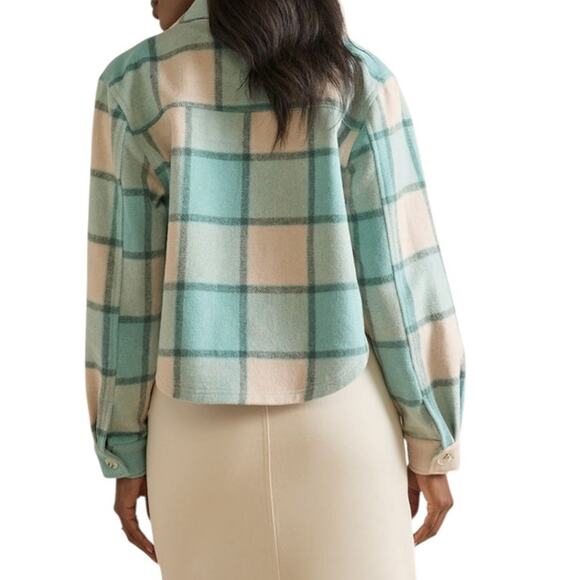 Mi ami Francesca Cropped Plaid Shacket Blue Cream Fall Winter Layering Jacket L - Picture 8 of 15